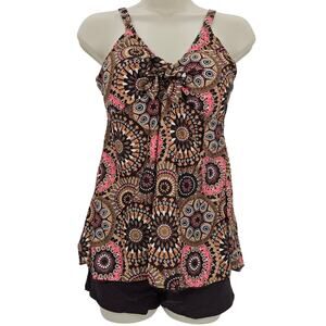 Zando Womans size M 2 Piece Tie Front Tankini Boyshorts Swimsuit Brown Geo NWOT